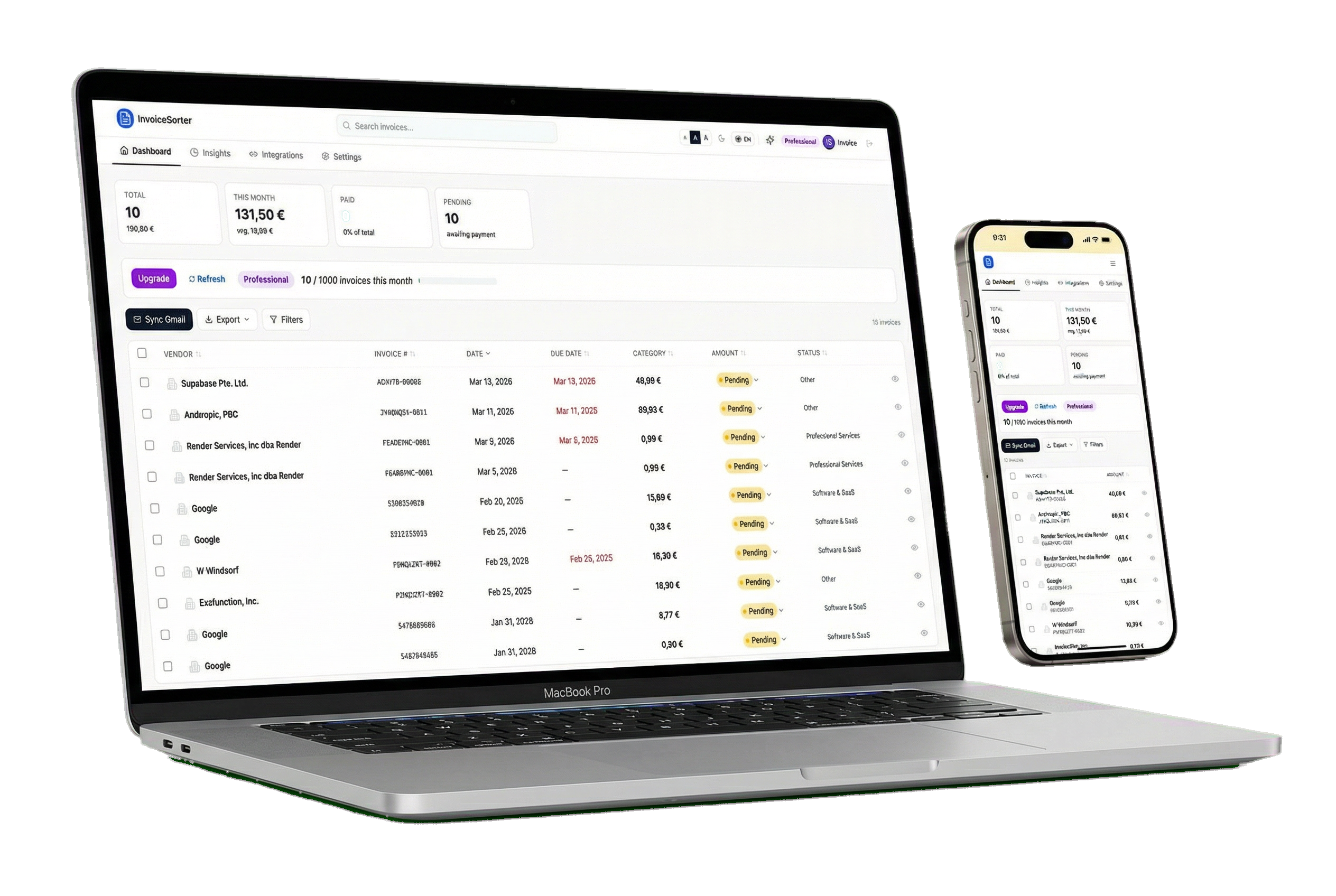 InvoiceSorter dashboard on MacBook Pro and iPhone